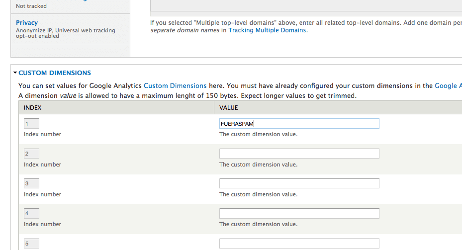 Valor de la dimensión personalizada creada para Drupal